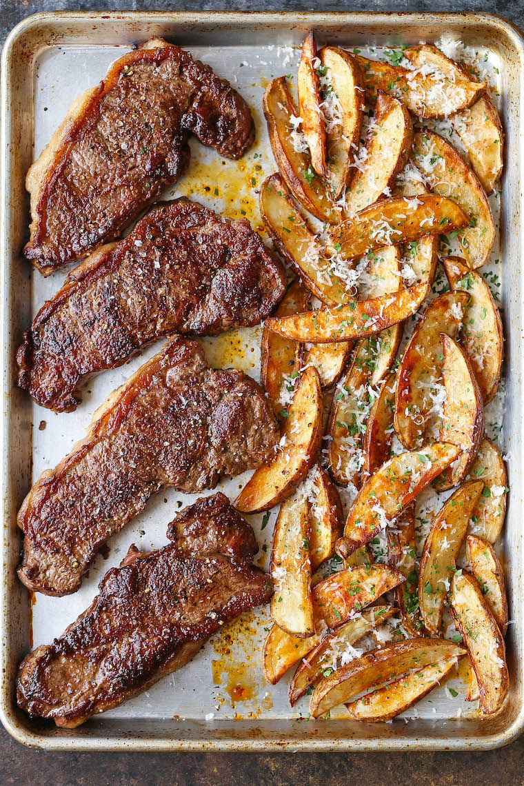 Sheet Pan Steak and Fries - The classic steak and fries easily made right on a sheet pan on ONE PAN! Bake your fries first, then add the steaks! EASY!