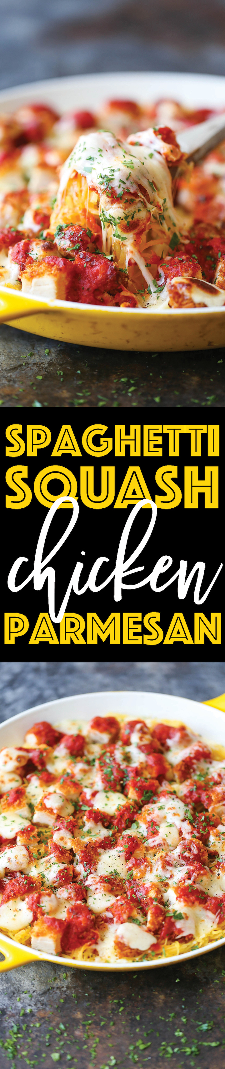 Spaghetti Squash Chicken Parmesan - An amazingly healthier version of everyone's favorite chicken parm without compromising taste. The best comfort food!