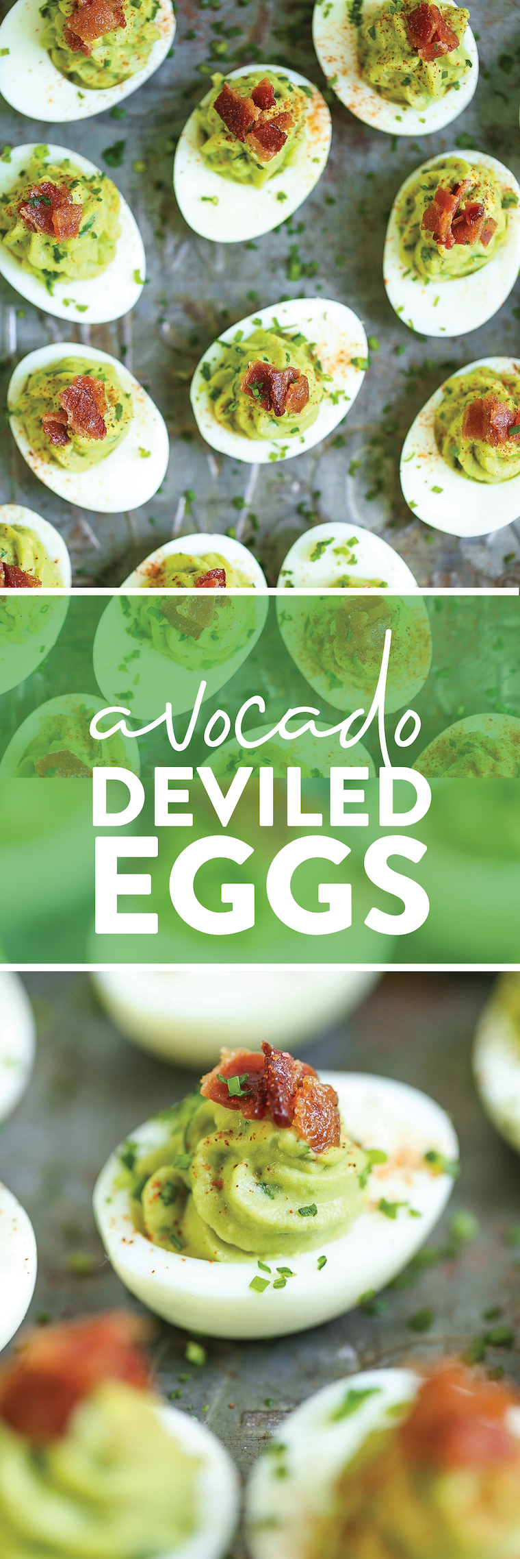 Avocado Deviled Eggs - So much better than your traditional-style deviled eggs! Loaded with avocado and crisp bacon bits. Can be made up to 3 hours ahead!