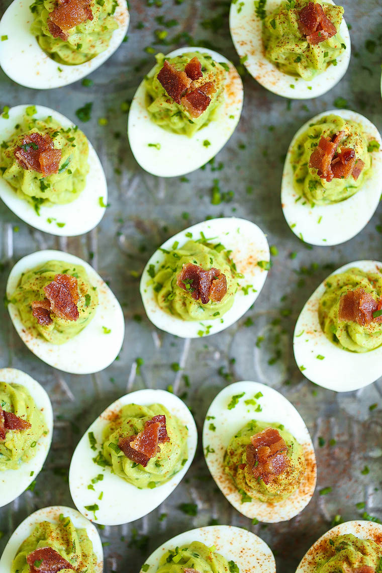 An overhead shot of avocado deviled eggs.