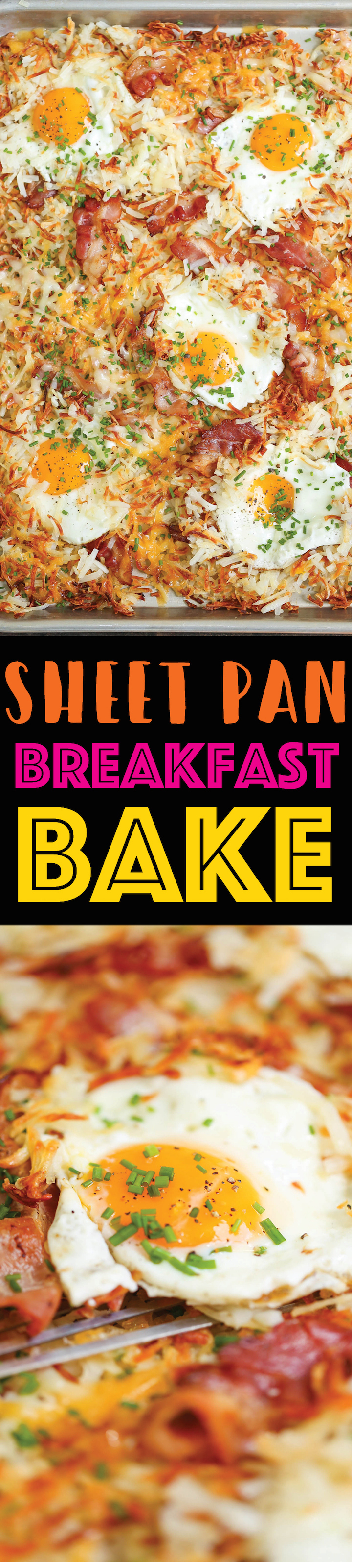 Sheet Pan Breakfast Bake - No need to dirty up another pan! You'll have a FULL BREAKFAST with eggs, bacon and cheesy crisp hash browns on ONE SINGLE PAN!