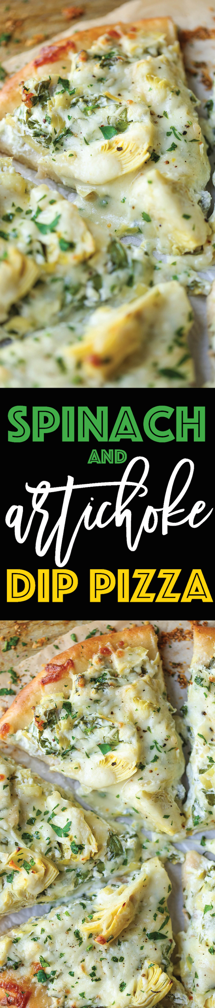 Spinach and Artichoke Dip Pizza - Everyone's favorite classic dip is turned into a pizza! It's so cheesy, utterly creamy and melt-in-your-mouth AH-MAZING!