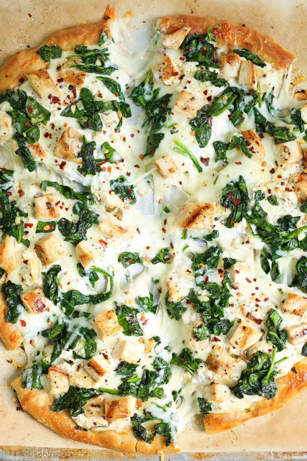 Roasted Garlic, Chicken and Spinach White Pizza - Damn Delicious