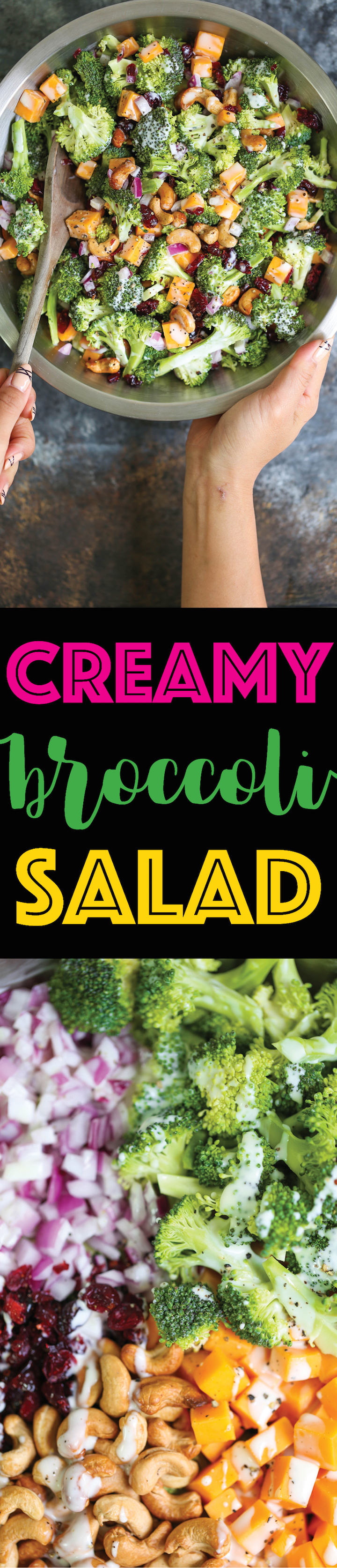 Creamy Broccoli Salad - The BEST broccoli salad you will ever have!!! With cheese, cashews, onion and dried cranberries. And the creamy dressing is HEAVEN!