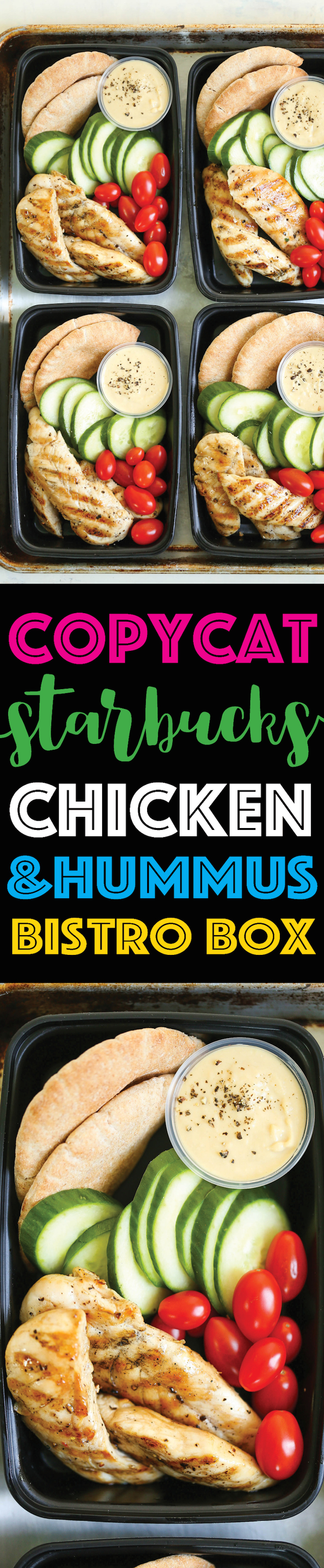 Copycat Starbucks Chicken and Hummus Bistro Box - Meal prep for the week ahead!!! Filled with hummus, chicken strips, cucumber, tomatoes and wheat pita.