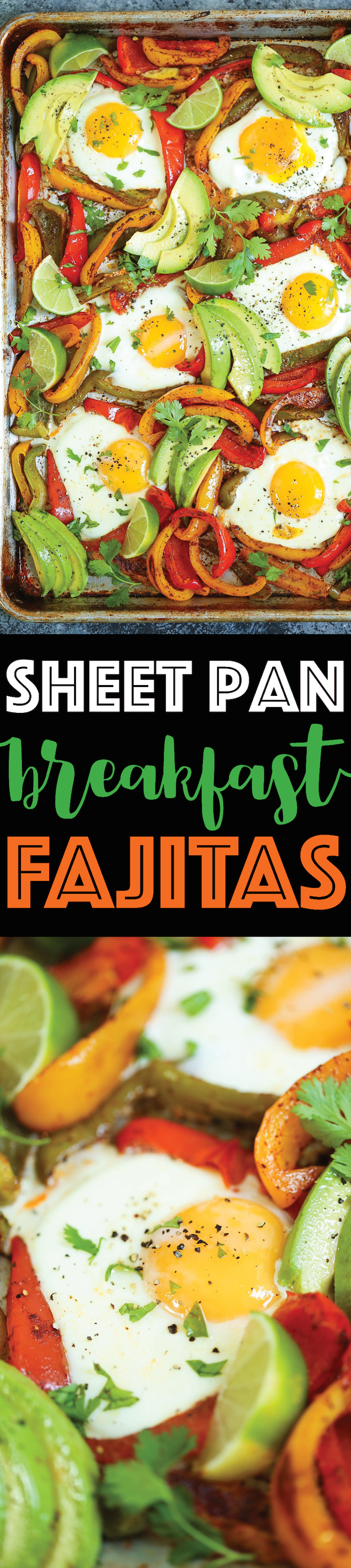 Sheet Pan Breakfast Fajitas - Everyone's favorite fajitas for breakfast! Loaded with bell peppers and eggs that cook right on the sheet pan! EASY CLEAN UP!