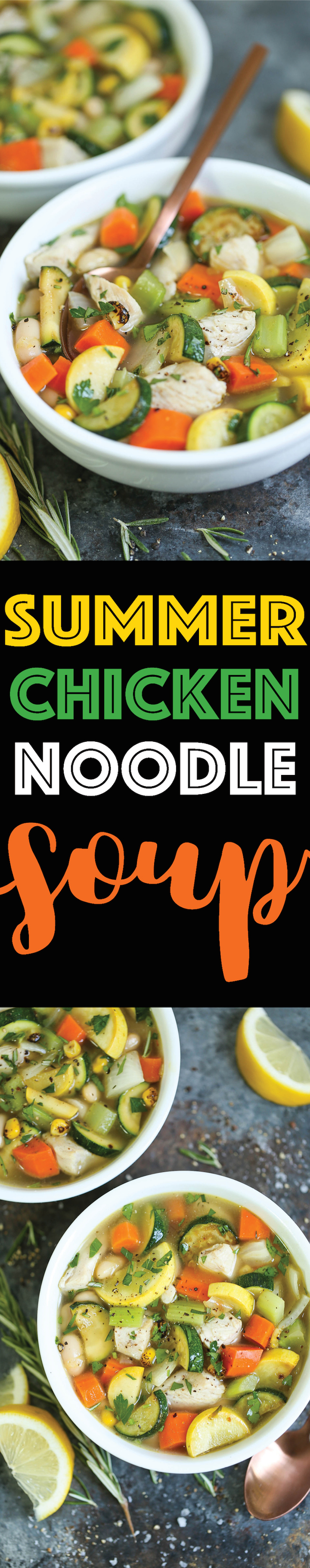 Summer Chicken Noodle Soup - Everyone's favorite classic chicken noodle soup using summer vegetables! So hearty, comforting and cozy, even in the heat!
