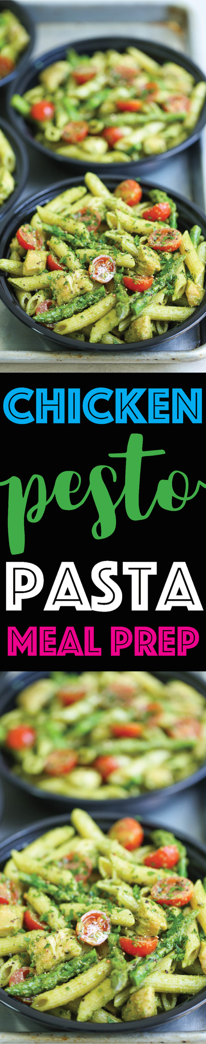Chicken Pesto Pasta Meal Prep - Fresh, quick and easy! Loaded with chicken, asparagus, tomatoes and whole wheat pasta. Use homemade or store-bought pesto!