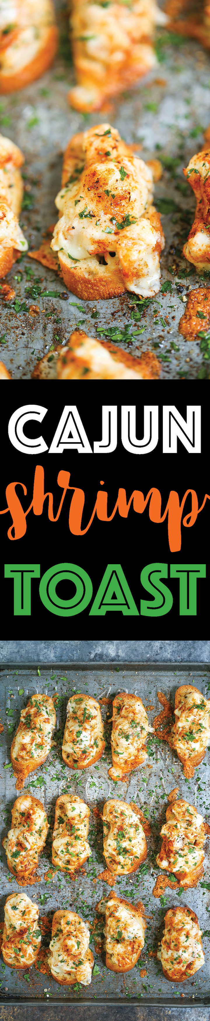 Cajun Shrimp Toast - Bite-sized SHRIMP TOAST! With the creamiest, cheesiest shrimp topping with Parmesan and mozzarella! You won't be able to stop at 1!