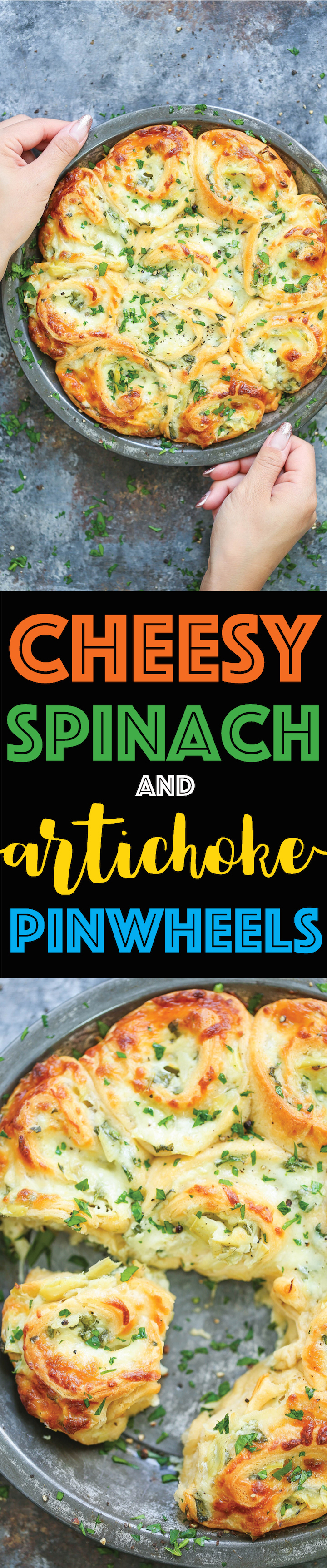 Cheesy Spinach and Artichoke Pinwheels - Everyone's favorite spinach and artichoke dip in these cheesy, creamy BAKED roll ups!!! So good for GAME DAY!!!