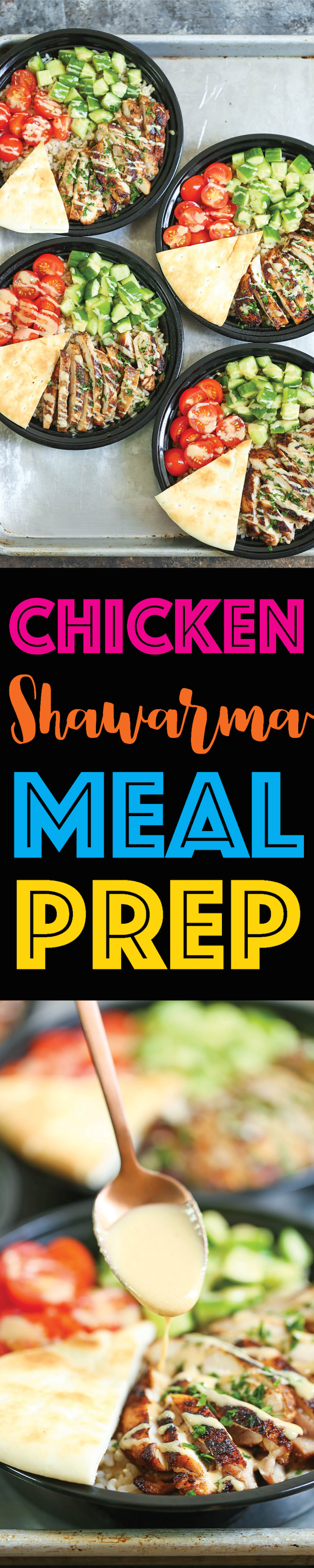 Chicken Shawarma Meal Prep - Prep for the week ahead for the easiest HOMEMADE chicken shawarma bowls with cucumber, tomato, pita bread and tahini sauce!!!
