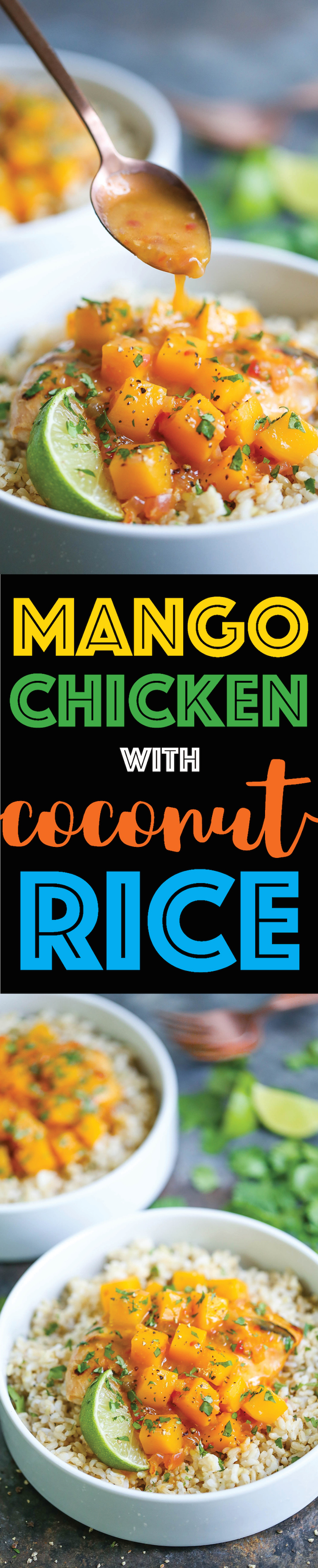 Mango Chicken with Coconut Rice - With a mango sauce that is perfectly sweet and tangy on a bed of homemade coconut rice. SO EASY and made in less than 30!