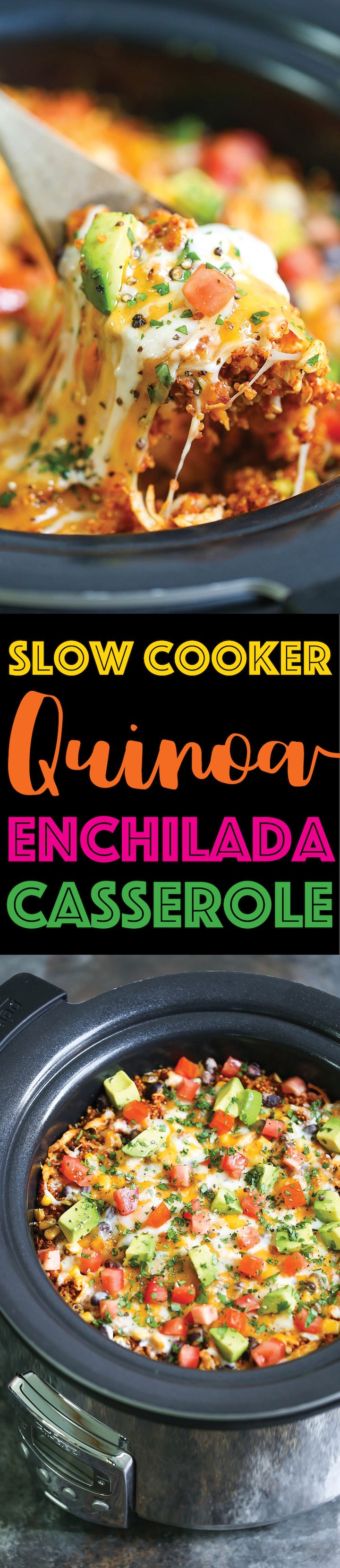 Slow Cooker Quinoa Enchilada Casserole - SKINNY, lightened up and healthy enchilada bake!!!! Made right in the crockpot!!! So cheesy and yet guilt-free!!!