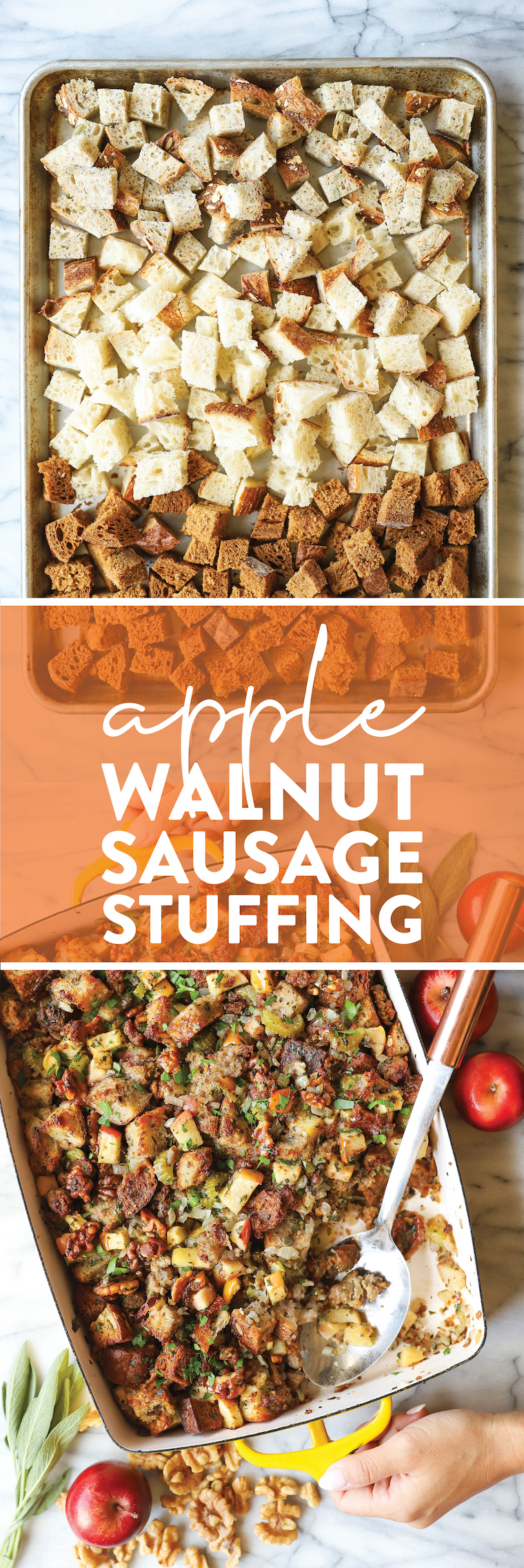Apple Walnut Sausage Stuffing - Make your stuffing ahead of time! It's easy, quick, and flavorful with crumbled sausage, fresh herbs, and apples! SO GOOD!!!