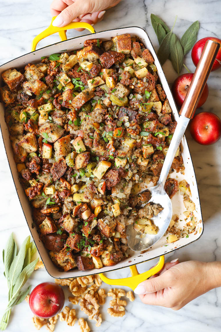 Apple Walnut Sausage Stuffing - Make your stuffing ahead of time! It's easy, quick, and flavorful with crumbled sausage, fresh herbs, and apples! SO GOOD!!!