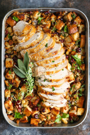 Sheet Pan Herb Roasted Turkey and Cranberry Pecan Stuffing - Damn Delicious