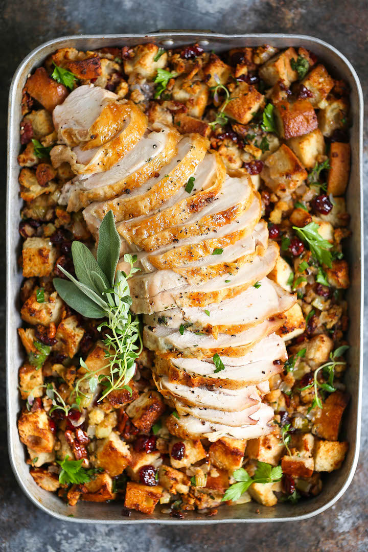 Sheet Pan Herb Roasted Turkey and Cranberry Pecan Stuffing - Damn Delicious