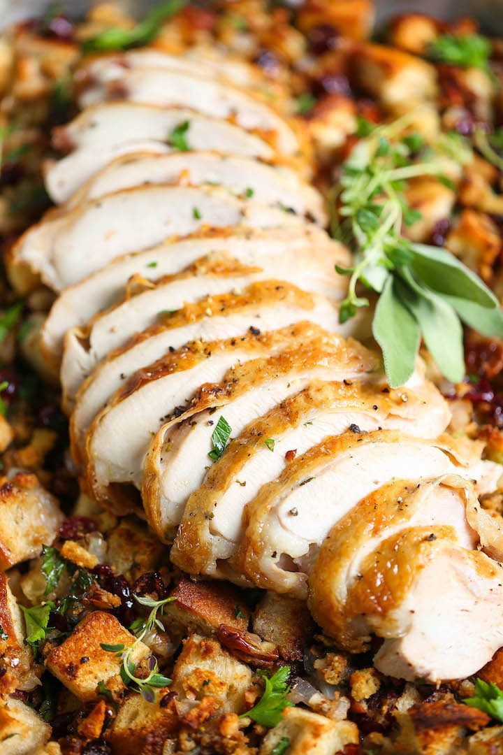 Sheet Pan Herb Roasted Turkey and Cranberry Pecan Stuffing - The easiest Thanksgiving holiday meal! A sheet pan turkey dinner! So easy with less dishes!