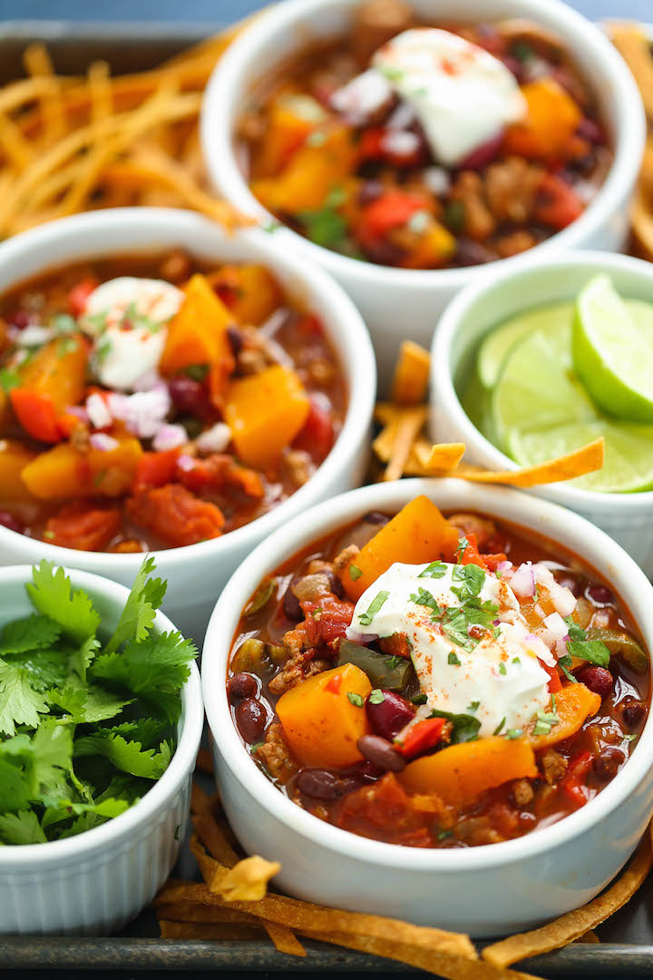 Slow Cooker Butternut Squash Chili - Just 20 min prep! Then you can come home to a cozy, hearty, comforting butternut squash turkey chili in the crockpot!