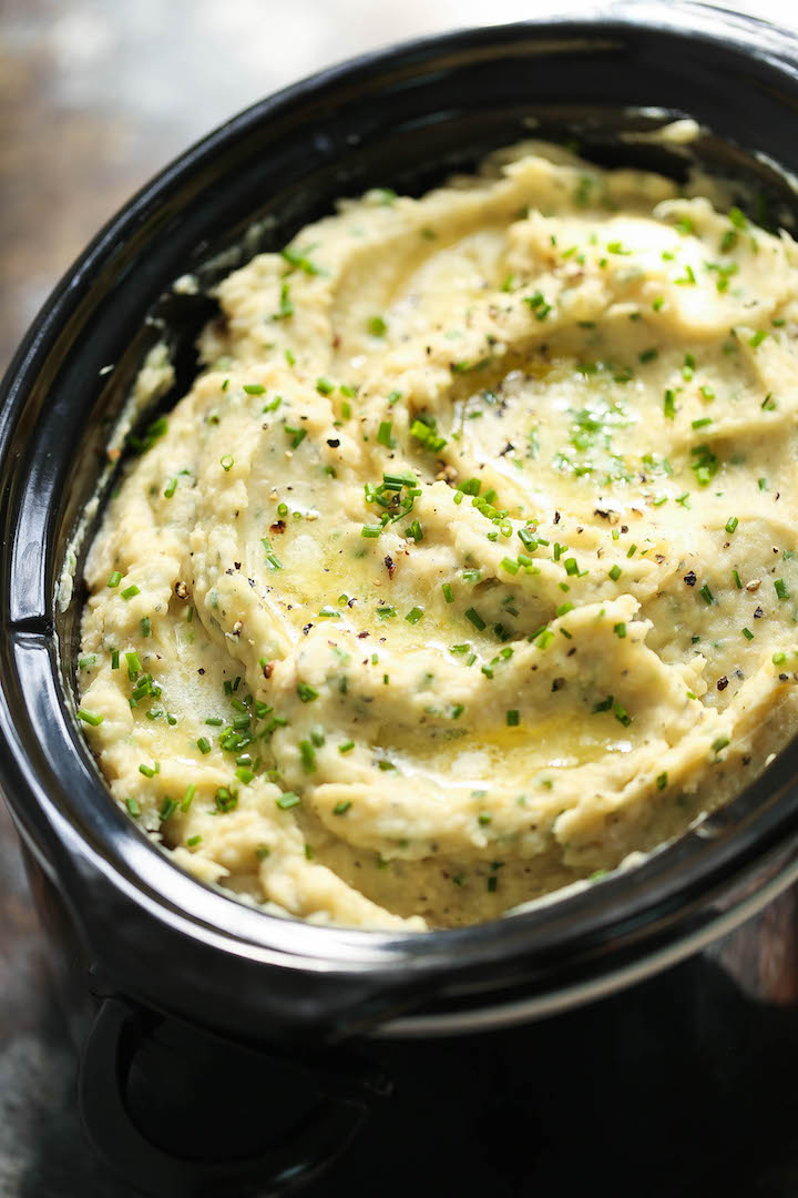 Slow Cooker Cauliflower Mashed Potatoes - BEST EVER mashed potatoes made right in your crockpot! Save on oven space! You won't even taste the cauliflower!