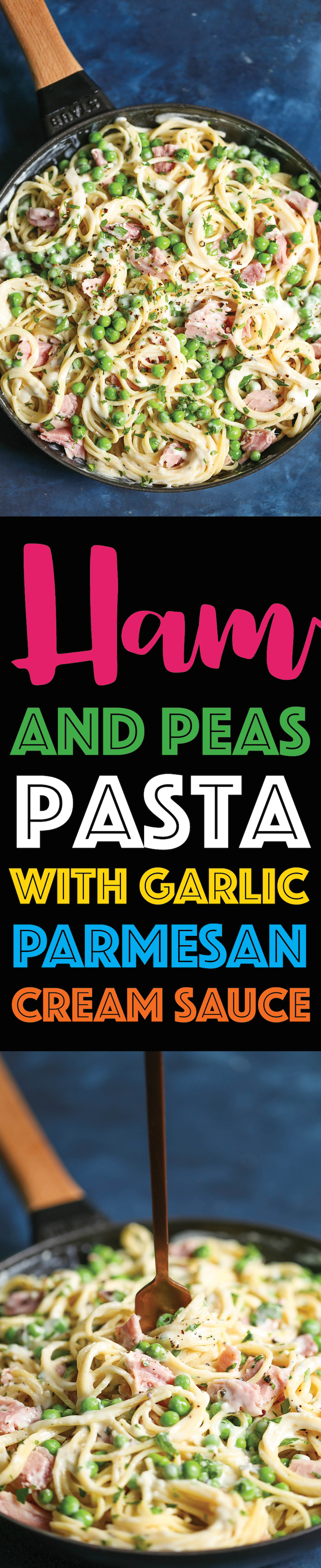 Ham and Peas Pasta with Garlic Parmesan Cream Sauce - The perfect way to use up all your leftover ham! It is amazingly creamy, comforting and kid-friendly!