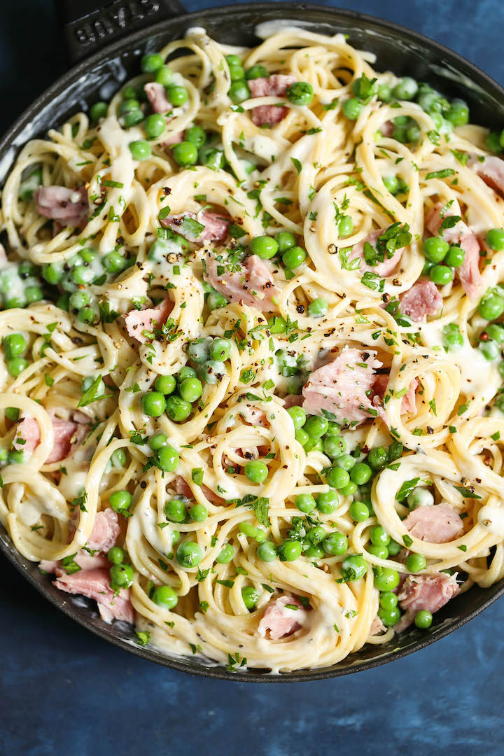 Ham and Peas Pasta with Garlic Parmesan Cream Sauce - The perfect way to use up all your leftover ham! It is amazingly creamy, comforting and kid-friendly!