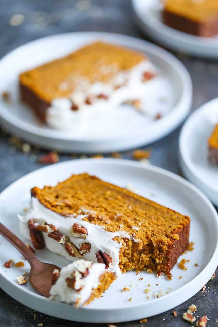 Pumpkin Spice Bread with Cream Cheese Frosting - Extra moist, crumbly + absolutely AMAZING with the best cinnamon cream cheese frosting ever!