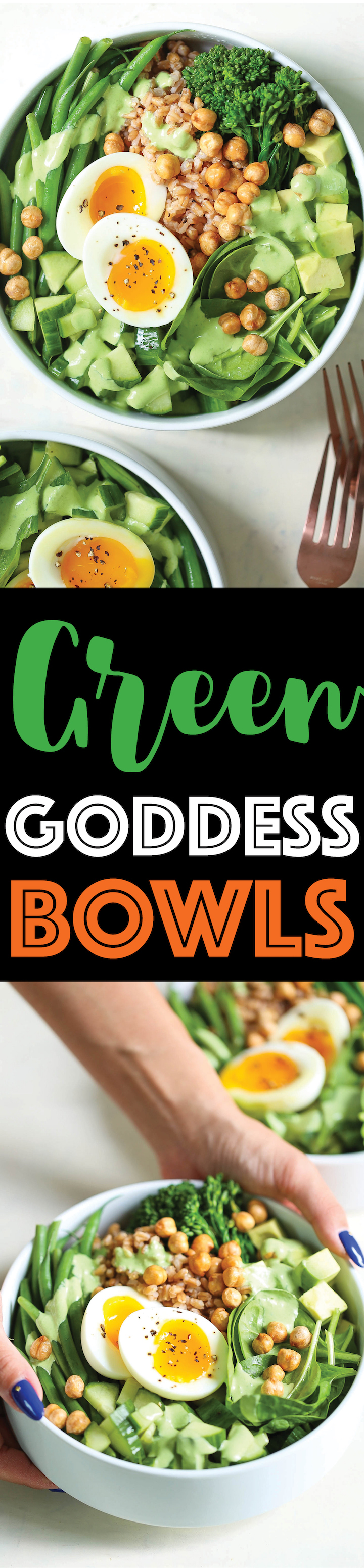 Green Goddess Bowls - A healthy, glowing grain bowl that is so bright and GREEEN! Loaded with spinach, broccolini, green beans, cucumber, avocado, tarragon, mint and the best goddess dressing ever!