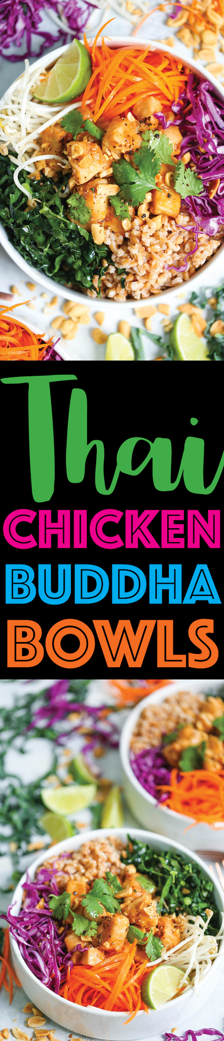 Thai Chicken Buddha Bowls - Healthy, hearty and nutritious bowls filled with whole grains, plenty of veggies, and a simple peanut sauce that is absolutely to die for!