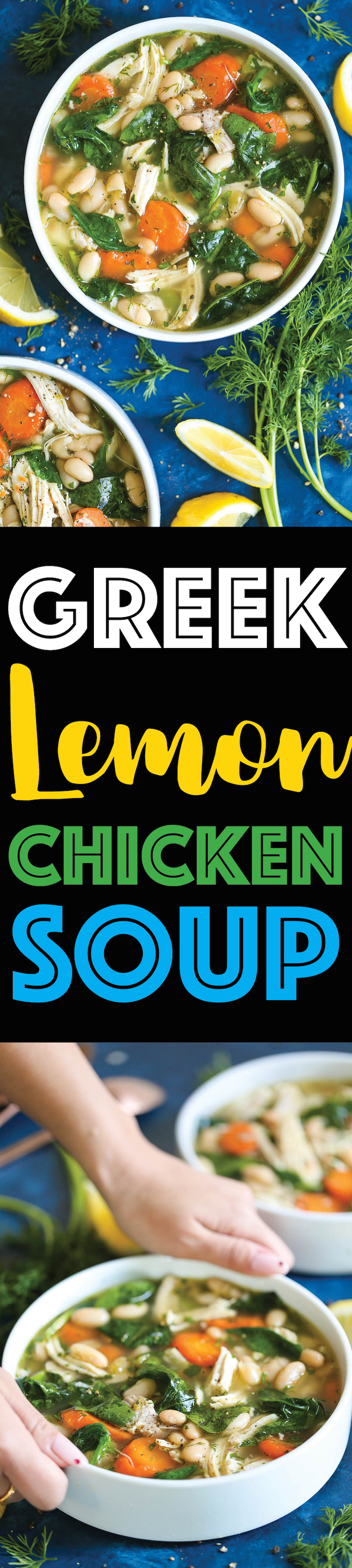 Greek Lemon Chicken Soup - A quick and easy 30 minute chicken soup - so cozy and comforting! We swap out the noodles for cannellini beans for added protein and fiber with way less calories! And the added lemon juice is so refreshing and vibrant!