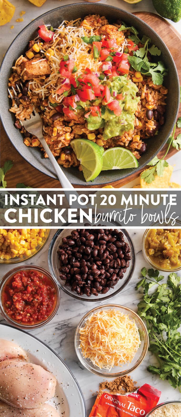 Instant Pot 20 Minute Chicken Burrito Bowls - Comes together in less than 10 min prep! The chicken is so tender and the flavors are so good.