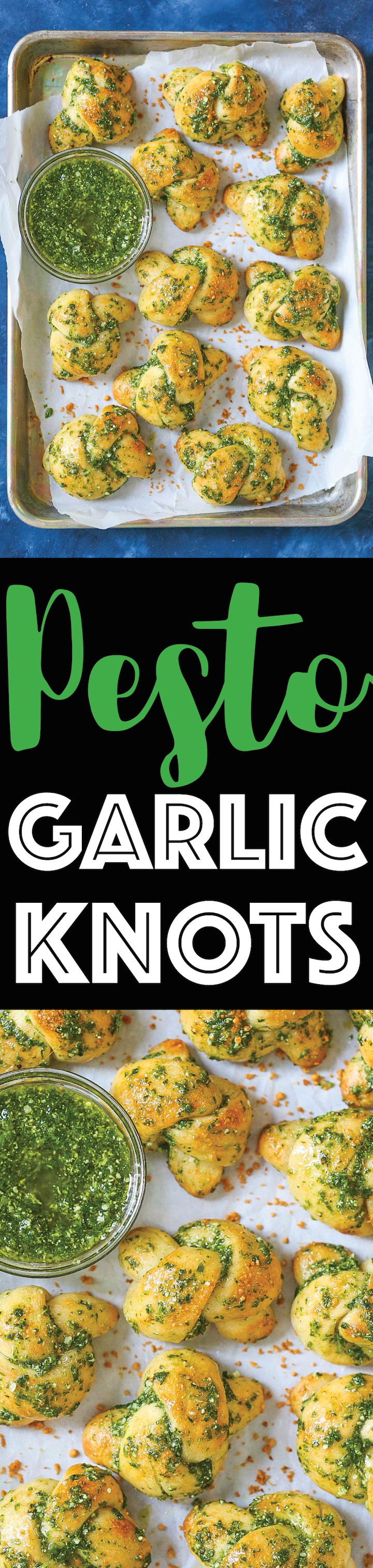 Pesto Garlic Knots - So garlicky, so buttery, and just so perfect! They are incredibly soft and melt-in-your-mouth amazing with a homemade pesto sauce. These also come together in less than 15 minutes using pizza dough. See, it really is SO EASY!