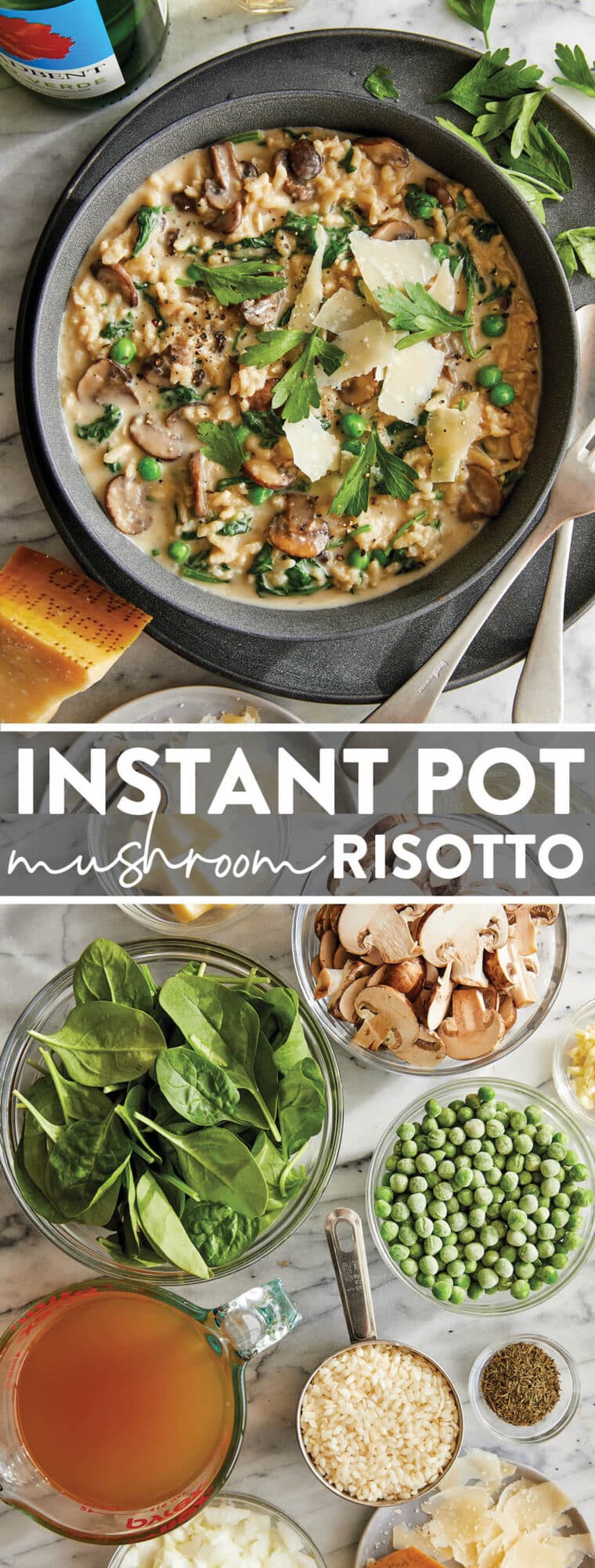Instant Pot Mushroom Risotto - Truly the EASIEST no-fuss risotto! Amazingly rich + creamy, loaded with mushrooms, spinach, peas and Parmesan!