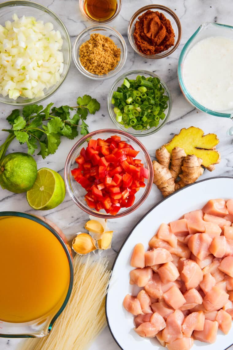 Thai Red Curry Noodle Soup - So much better than takeout! Packed with bites of tender chicken, rice noodles, cilantro, basil and lime juice!