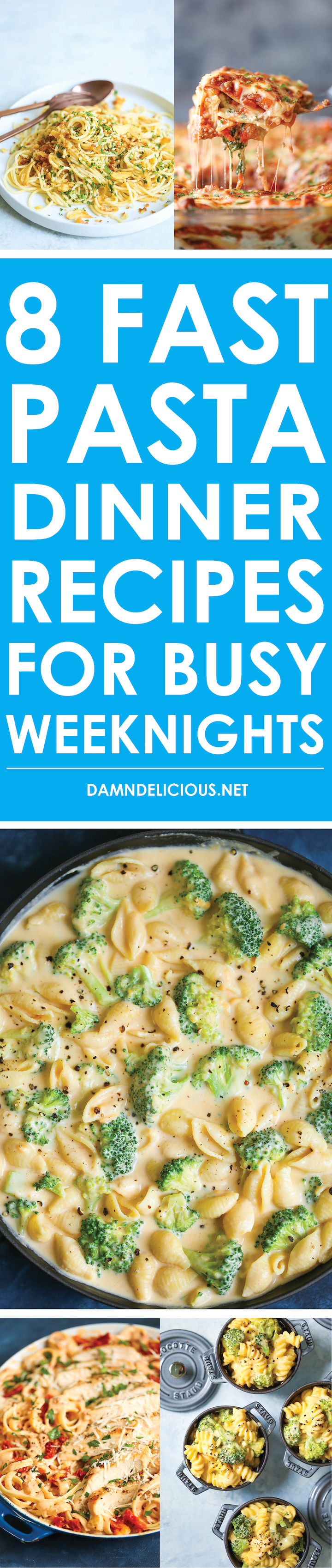 8 Fast Pasta Dinner Recipes for Busy Weeknights - Here are quick and easy pasta dinners for any night of the week! From everyone's favorite four cheese spaghetti to the creamiest broccoli mac and cheese!