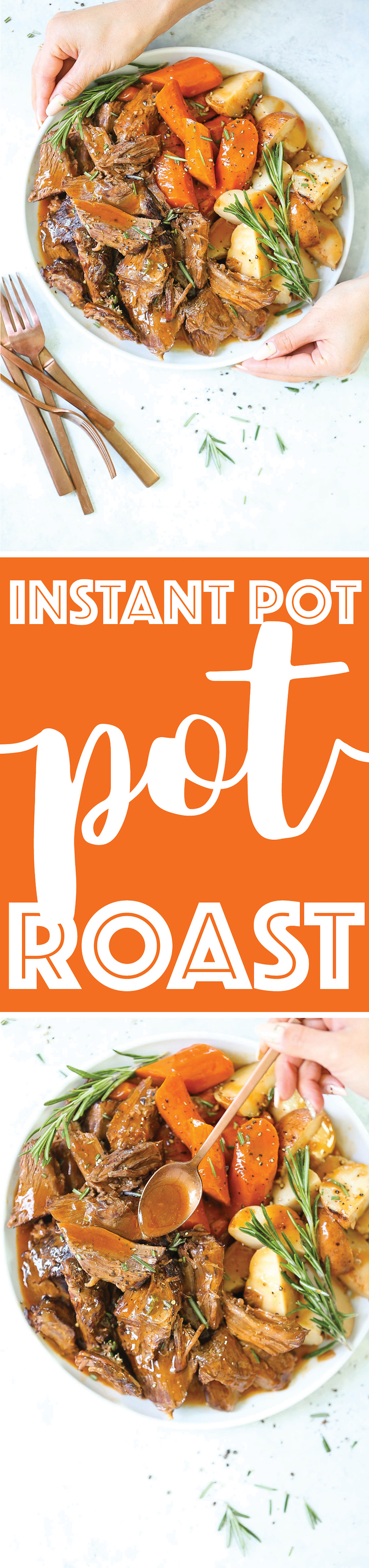 Instant Pot Pot Roast - A complete pot roast Sunday dinner in the pressure cooker in just 60 minutes? Yes, please! And the meat, potatoes, carrots and flavorful gravy all come together in ONE POT for the easiest clean up ever. Plus, the meat comes out so amazingly tender!