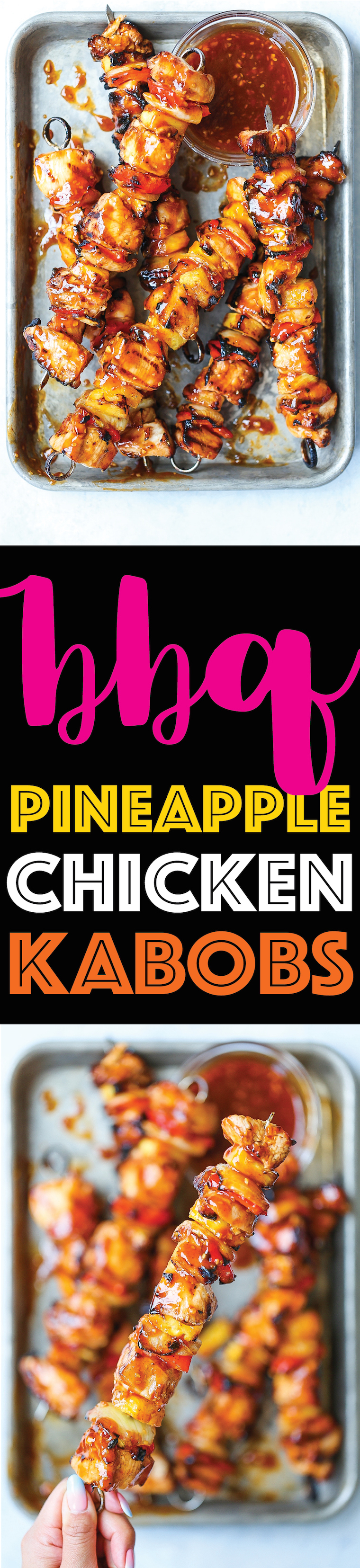 BBQ Pineapple Chicken Kabobs - So saucy, so sticky, and just so darn good! The chicken is perfectly tender with chunks of fresh pineapple, pepper and onion!