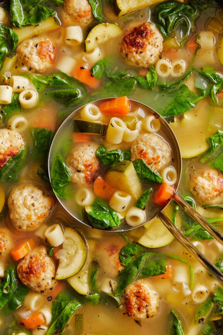 Summer Minestrone with Turkey Meatballs - A hearty, freezer-friendly soup chockfull of fresh garden vegetables. A classic summertime dinner!