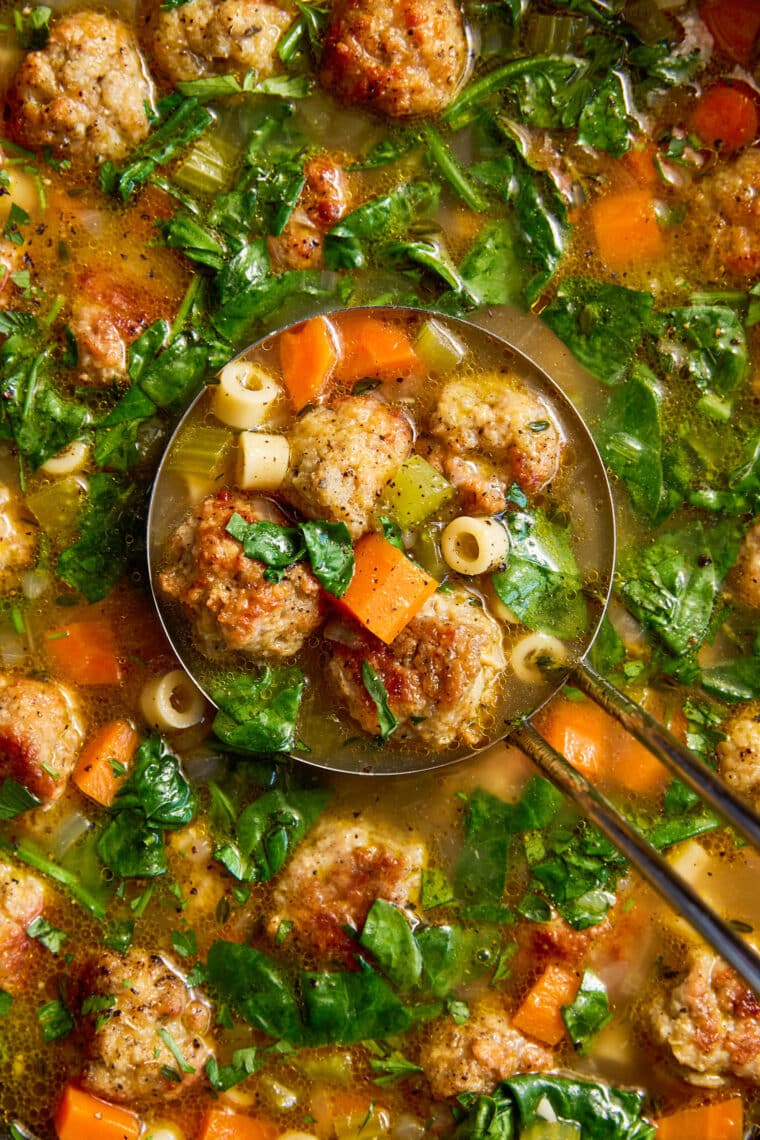 Italian Wedding Soup - Simple, quick and easy with homemade tender, juicy, chicken meatballs, hearty veggies and pasta. Freezer-friendly too!