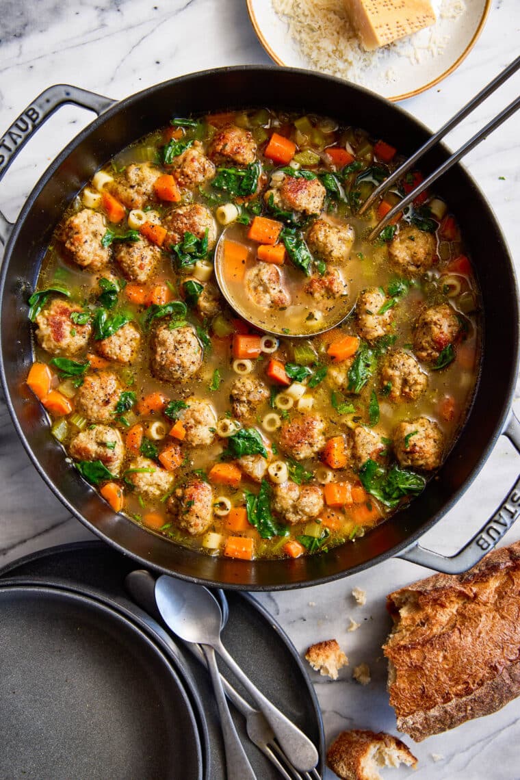 Italian Wedding Soup - Simple, quick and easy with homemade tender, juicy, chicken meatballs, hearty veggies and pasta. Freezer-friendly too!