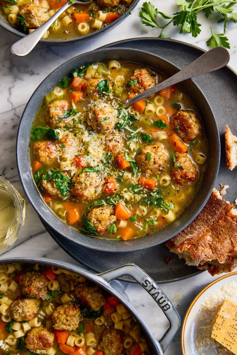 Italian Wedding Soup - Simple, quick and easy with homemade tender, juicy, chicken meatballs, hearty veggies and pasta. Freezer-friendly too!