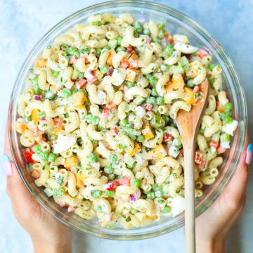 old fashioned macaroni salad with tomatoes and cucumbers