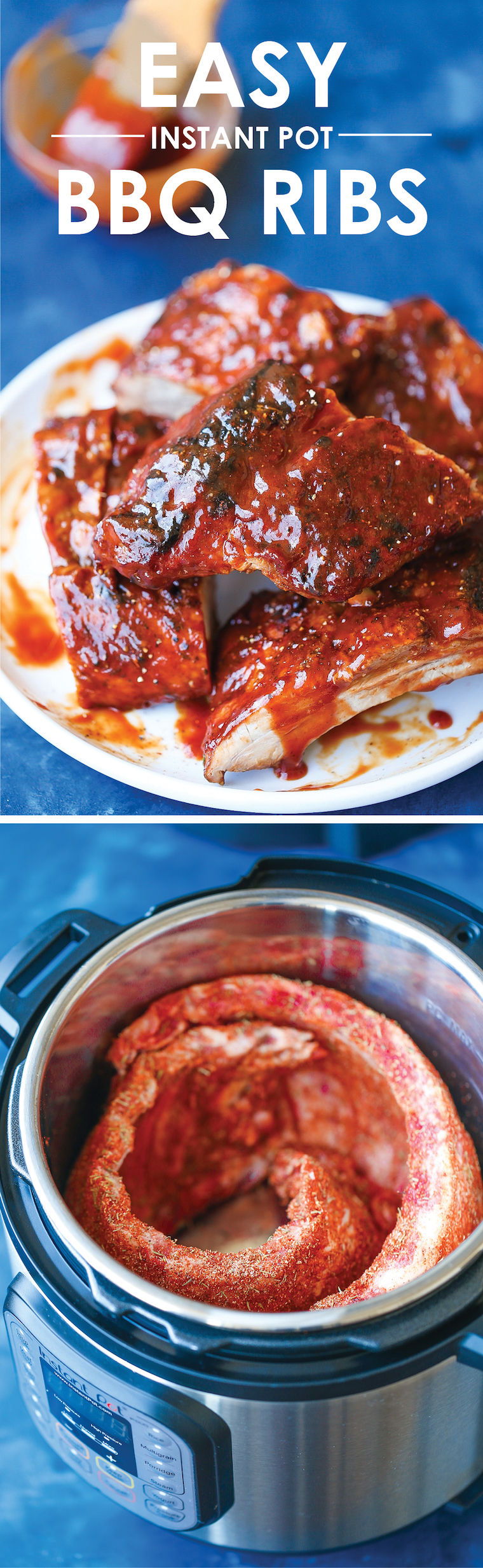 Easy Instant Pot BBQ Ribs - The easiest and quickest BBQ ribs made right in your pressure cooker! So saucy, sticky, and tender, it just falls off-the-bone!