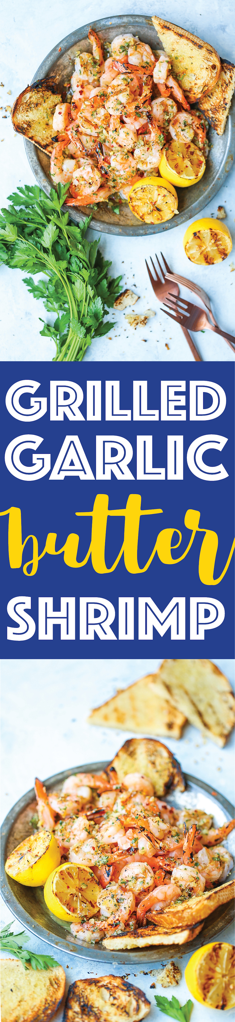 Grilled Garlic Butter Shrimp - The lemon garlic butter sauce is simply perfect! Pair with a glass of wine and crusty bread for the best 30 min meal ever!