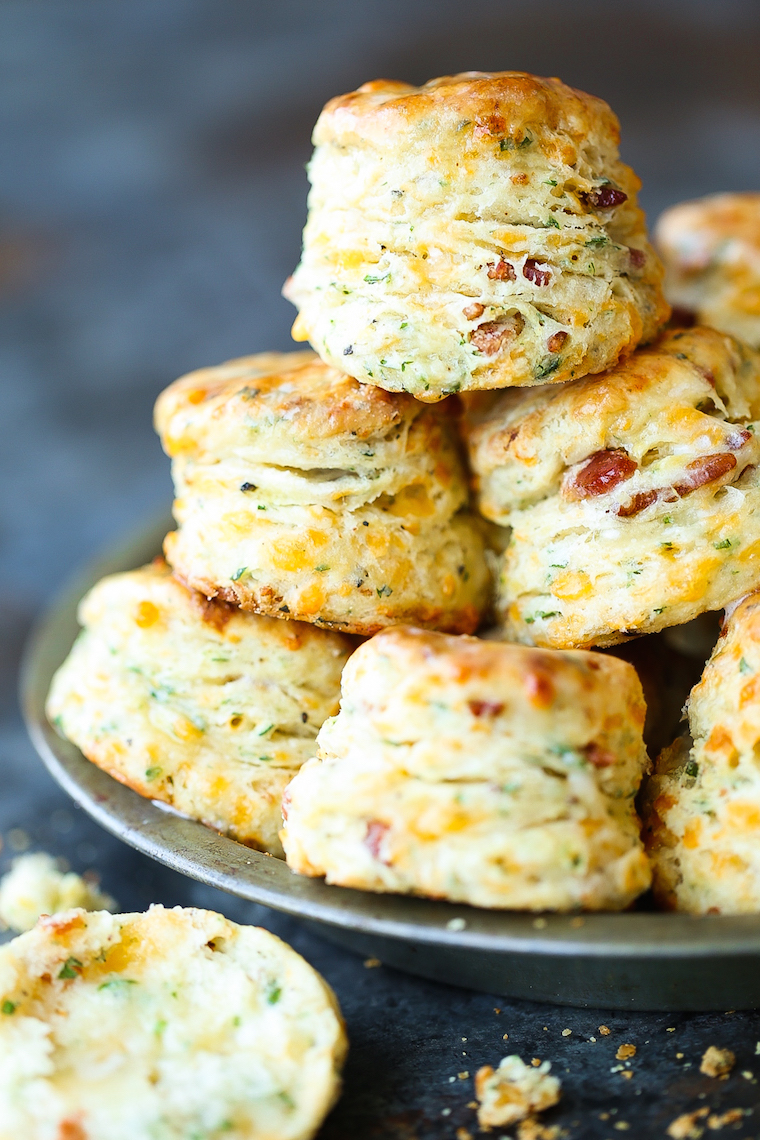 Black Pepper Cheddar Bacon Biscuits - So flaky, fluffy and buttery! With crisp bacon bits, sharp cheddar, black pepper + garlic. These are simply THE BEST!