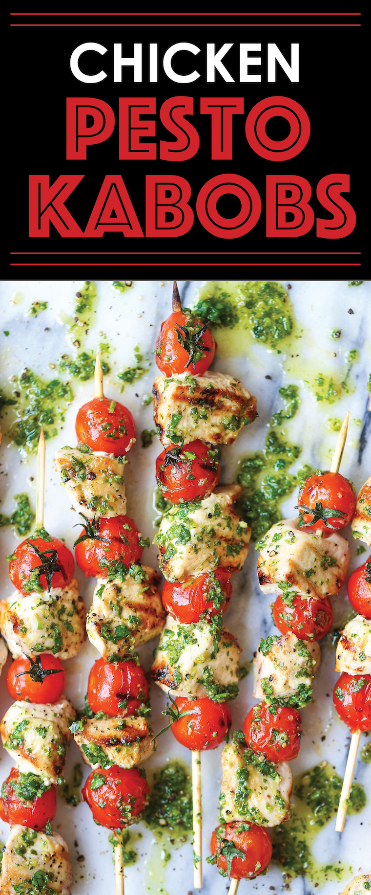 Chicken Pesto Kabobs - No-fuss 4-ingredient kabobs! Can be made ahead of time, baked or grilled so you can make this anytime, anywhere. Easy peasy.