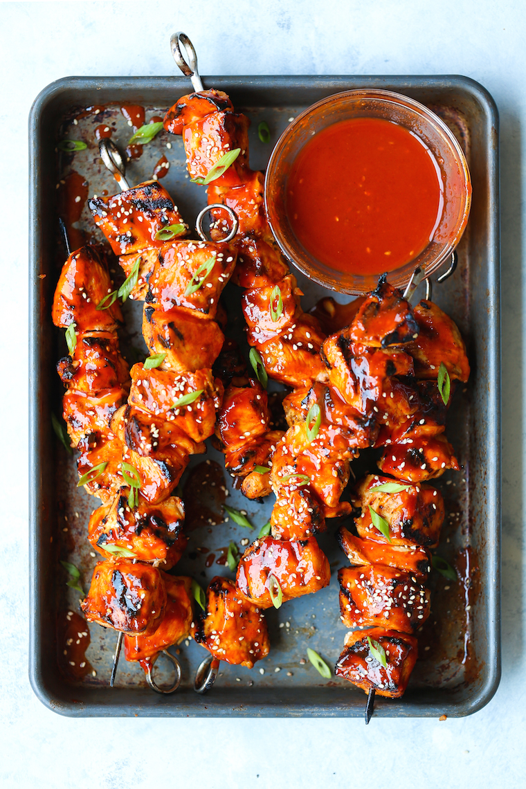 Korean Chicken Kabobs - An amazing combination of sweet and spicy! And the chicken comes out perfectly tender and juicy with a finger-licking sticky glaze!