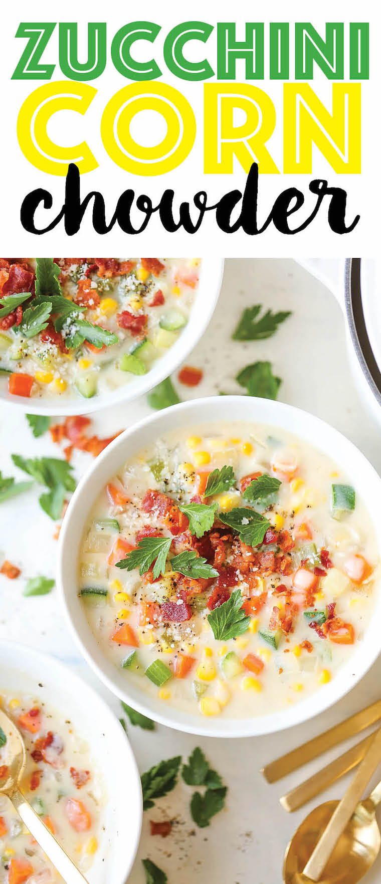 Zucchini Corn Chowder - Use up all that lingering zucchini for a filling, colorful and cozy soup you can make all year long, topped with crisp bacon bits!