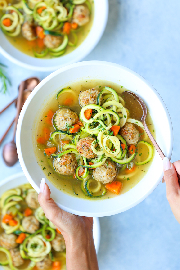 Chicken Meatball Zoodle Soup - Everyone's favorite chicken noodle soup, but made even healthier with zucchini noodles and the most tender chicken meatballs!