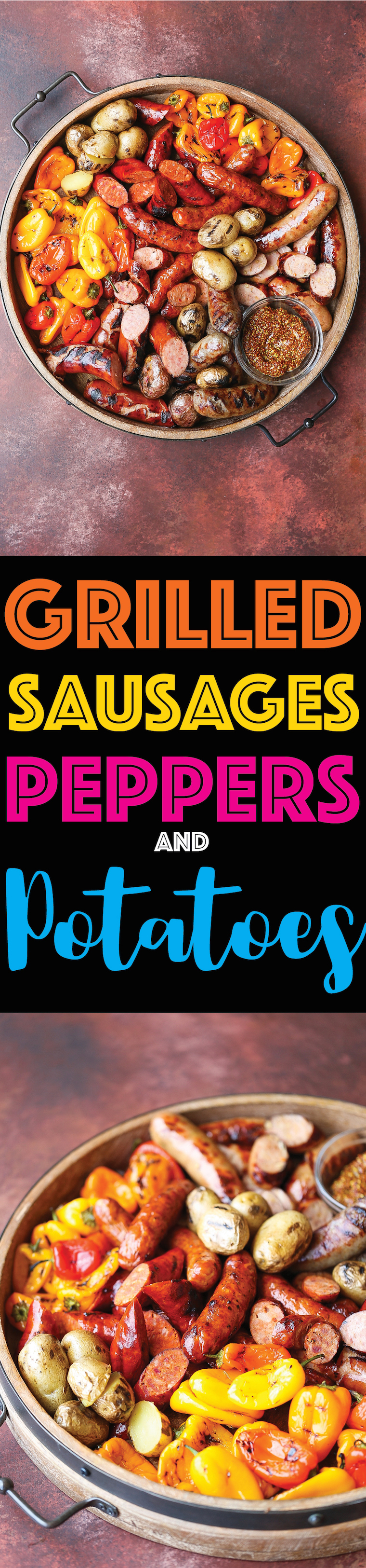 Grilled Sausages, Peppers and Potatoes - The most amazing grilled sausage platter for your next potluck or BBQ! This is easy to prepare and so impressive!